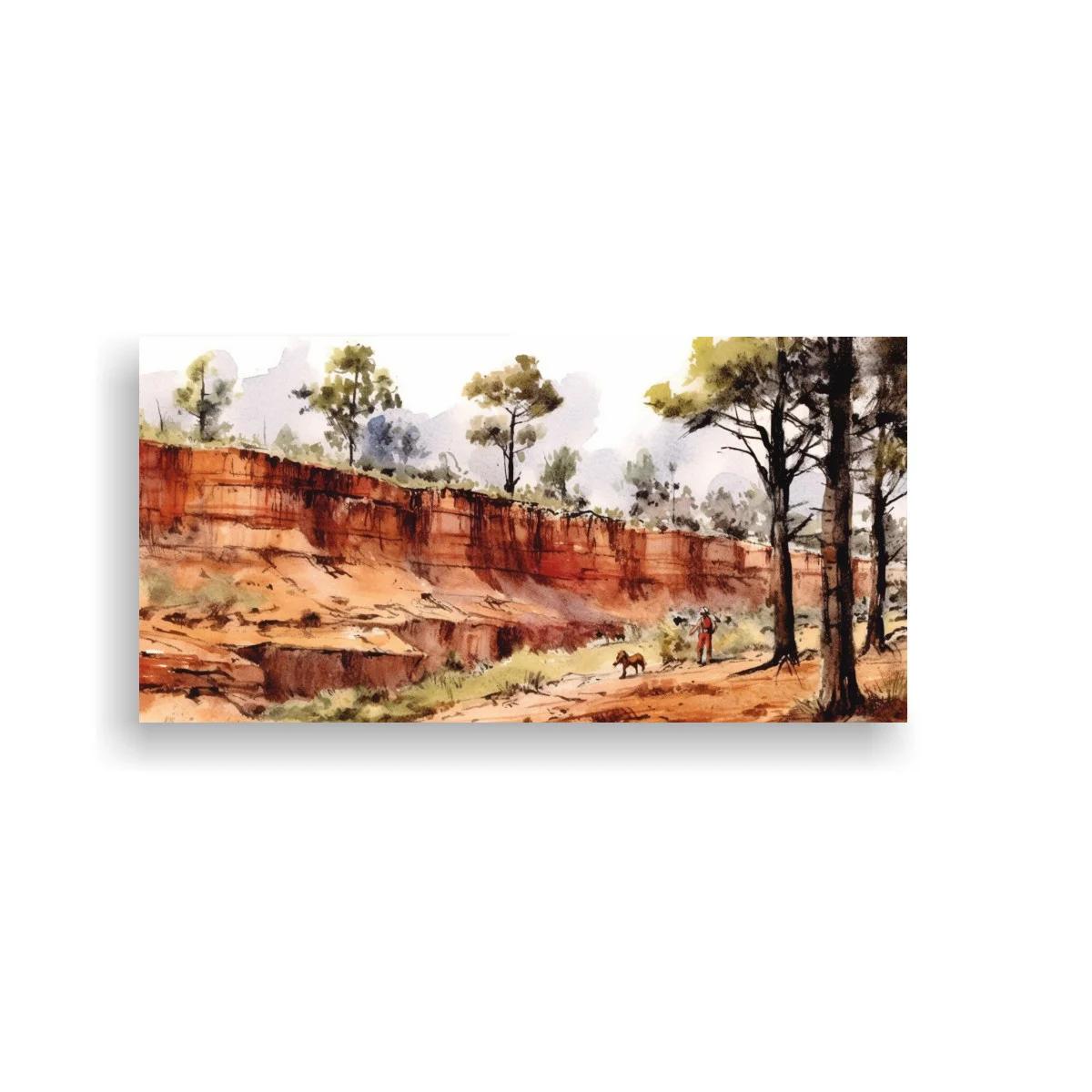 Cuadro paisaje de cañón con pinos y acantilado rojizo