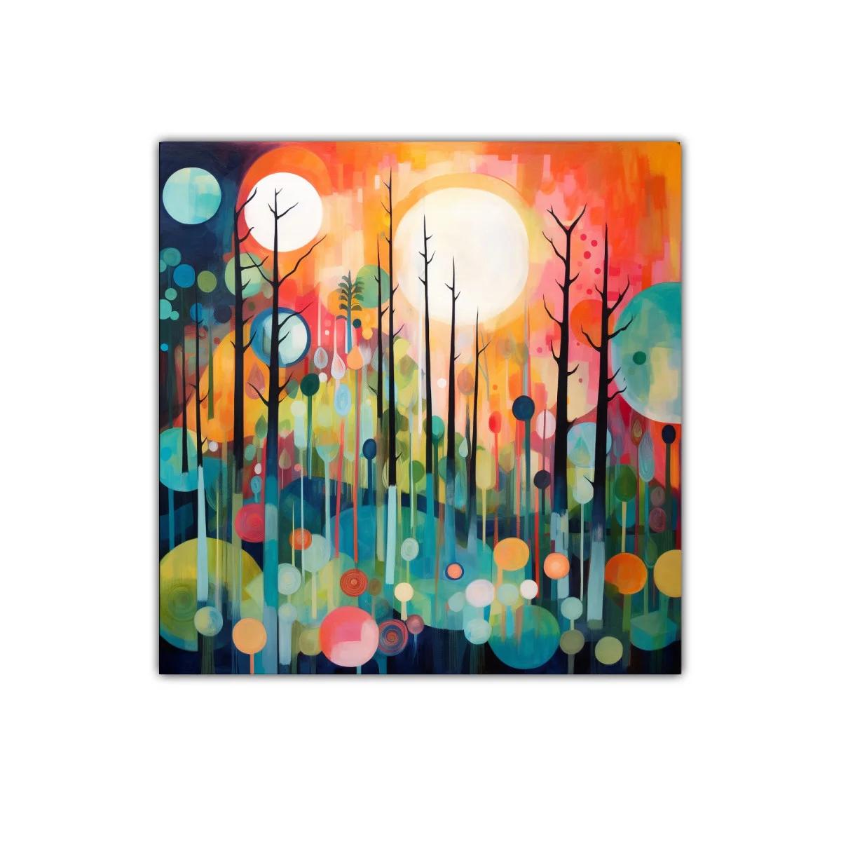 Arte abstracto de bosque con formas circulares y colores vivos