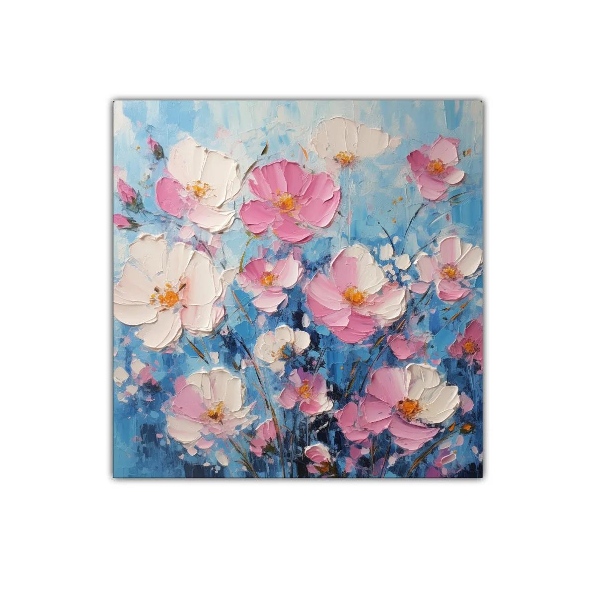 Cuadro decorativo con delicadas flores rosas y blancas sobre fondo azul