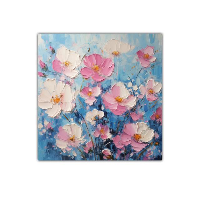 Cuadro decorativo con delicadas flores rosas y blancas sobre fondo azul