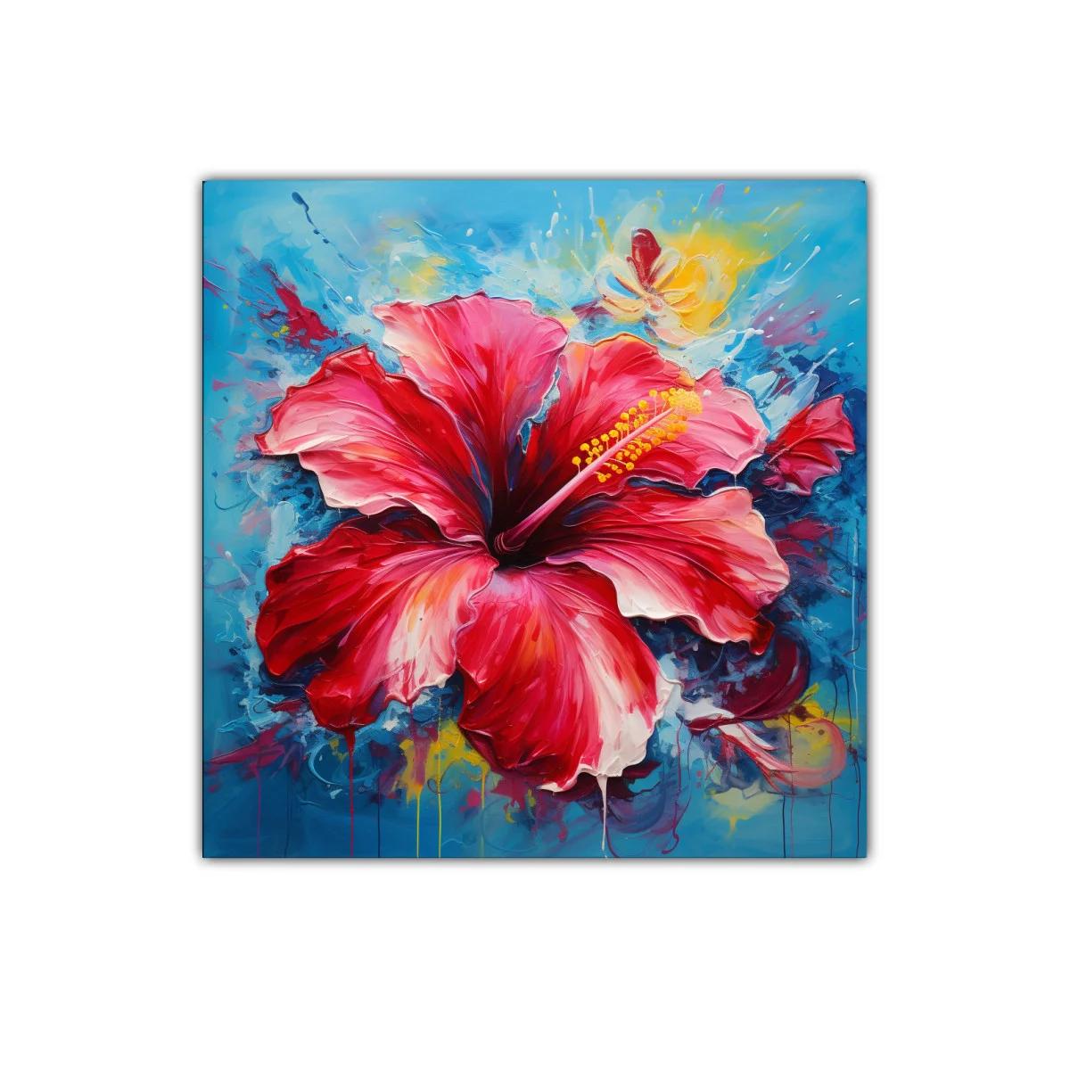 Vibrante cuadro con flor roja y fondo azul intenso