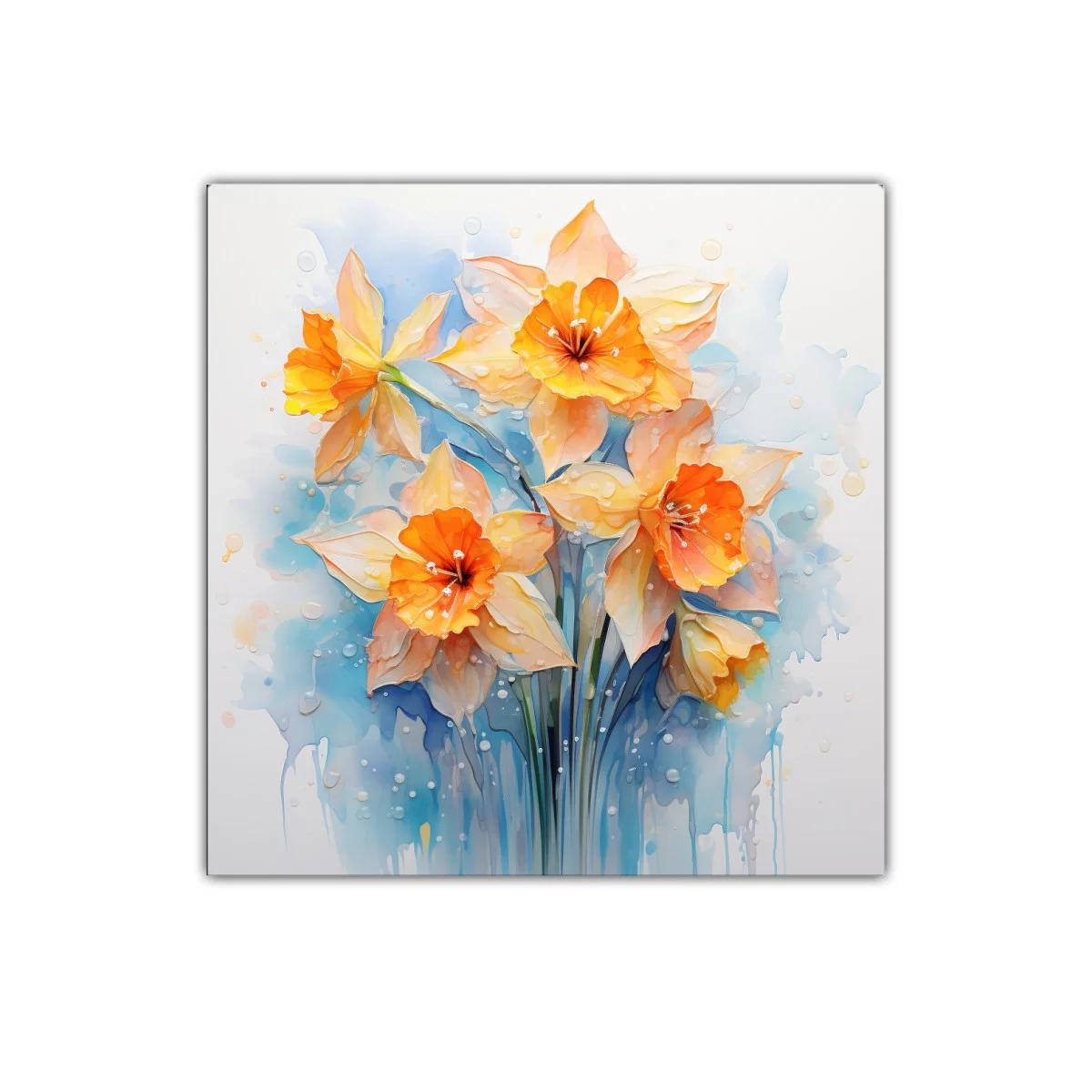 Cuadro floral con narcisos en tonos cálidos y azules suaves