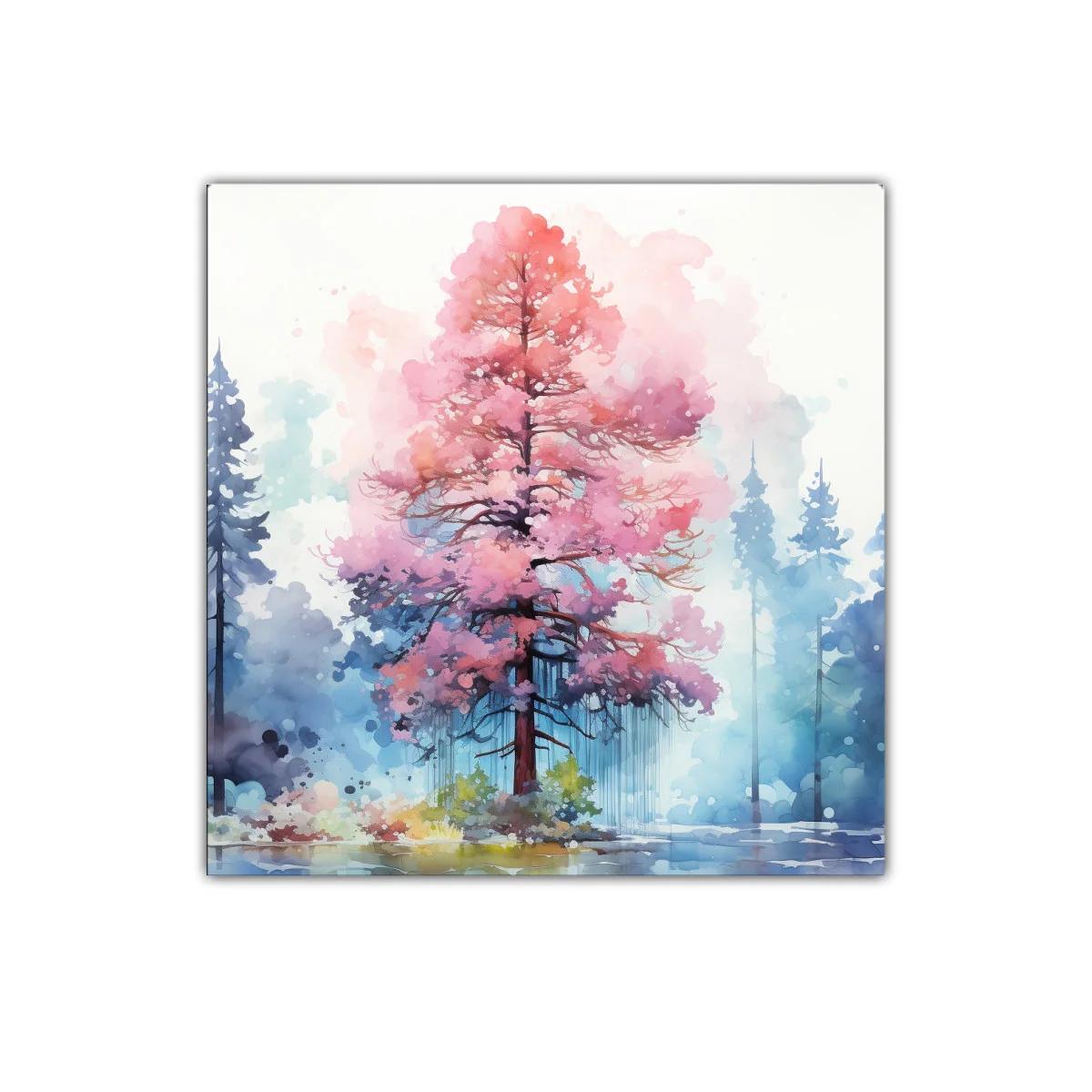 Árbol en tonos rosas vibrantes con fondo de bosque azul — imagen principal