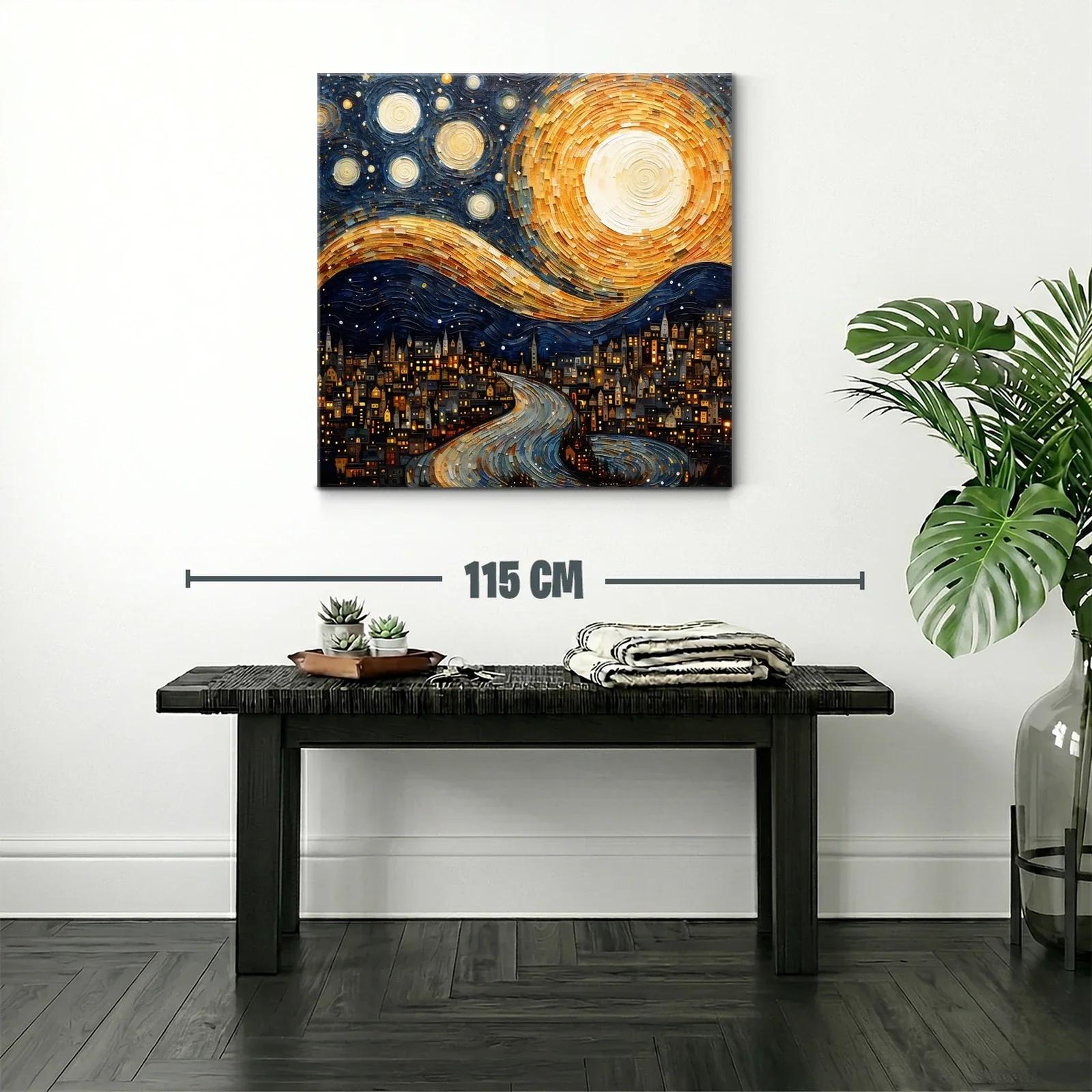 Paisaje nocturno con luna y estrellas sobre ciudad iluminada — miniatura 2