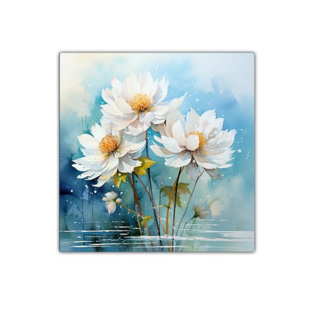 Cuadro decorativo con flores blancas y fondo azul suave