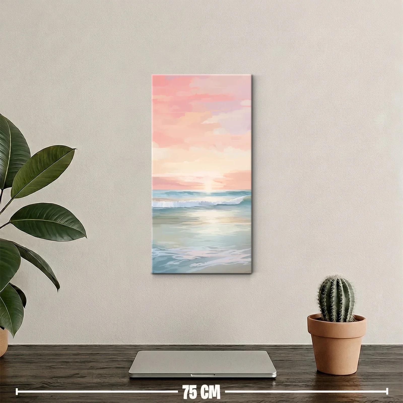 Cuadro olas del mar al atardecer con cielo rosado — miniatura 2