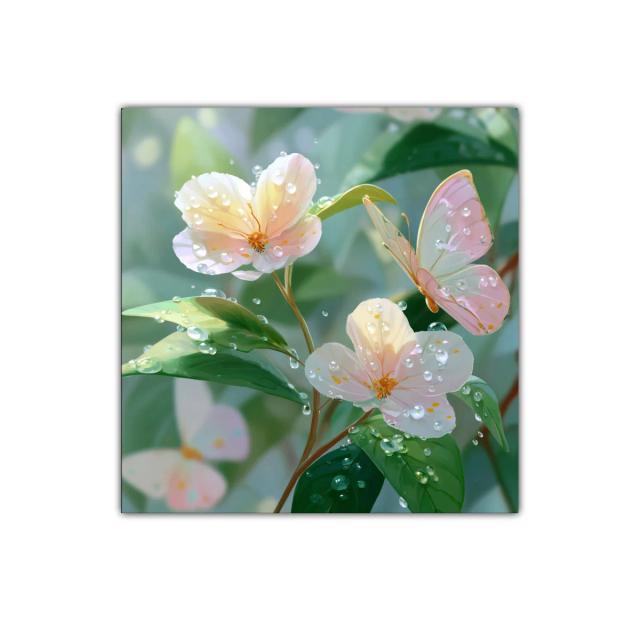 Flores y mariposas con gotas de rocío en tonos suaves