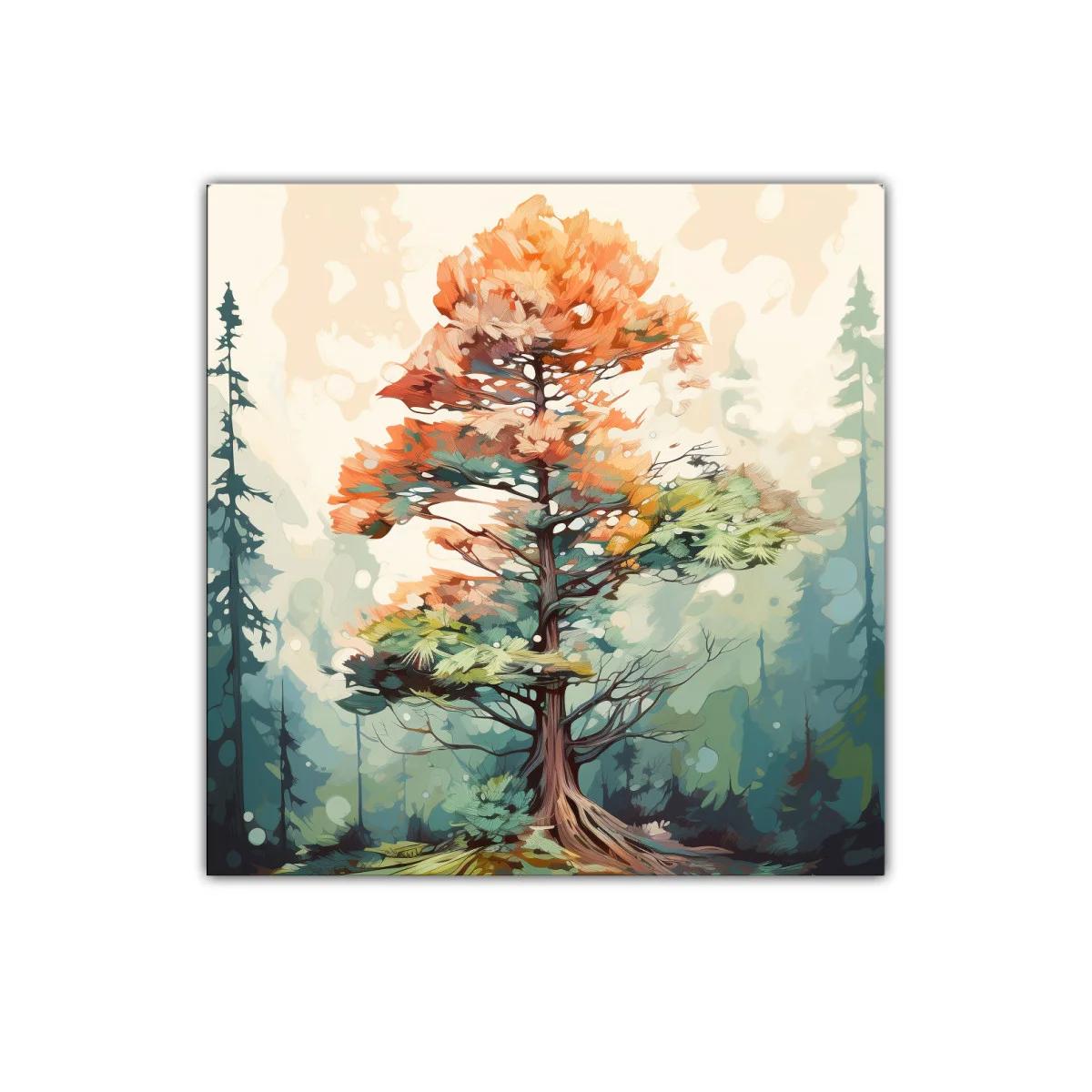 Árbol colorido en bosque brumoso con tonos cálidos