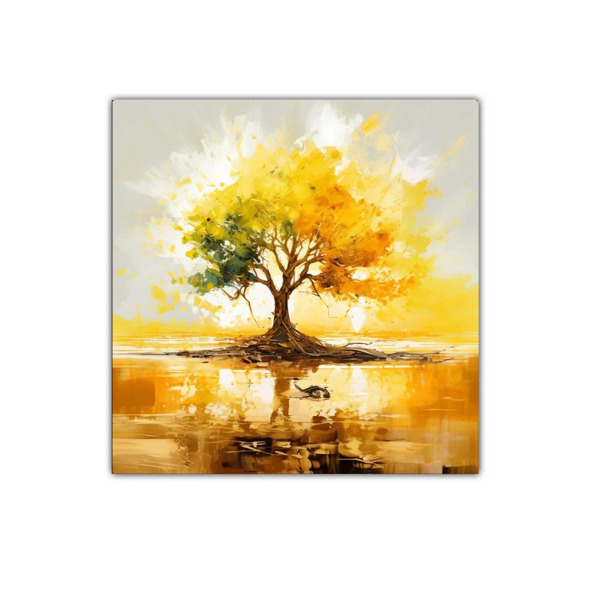 Árbol dorado con reflejo en lago sereno y vibrante