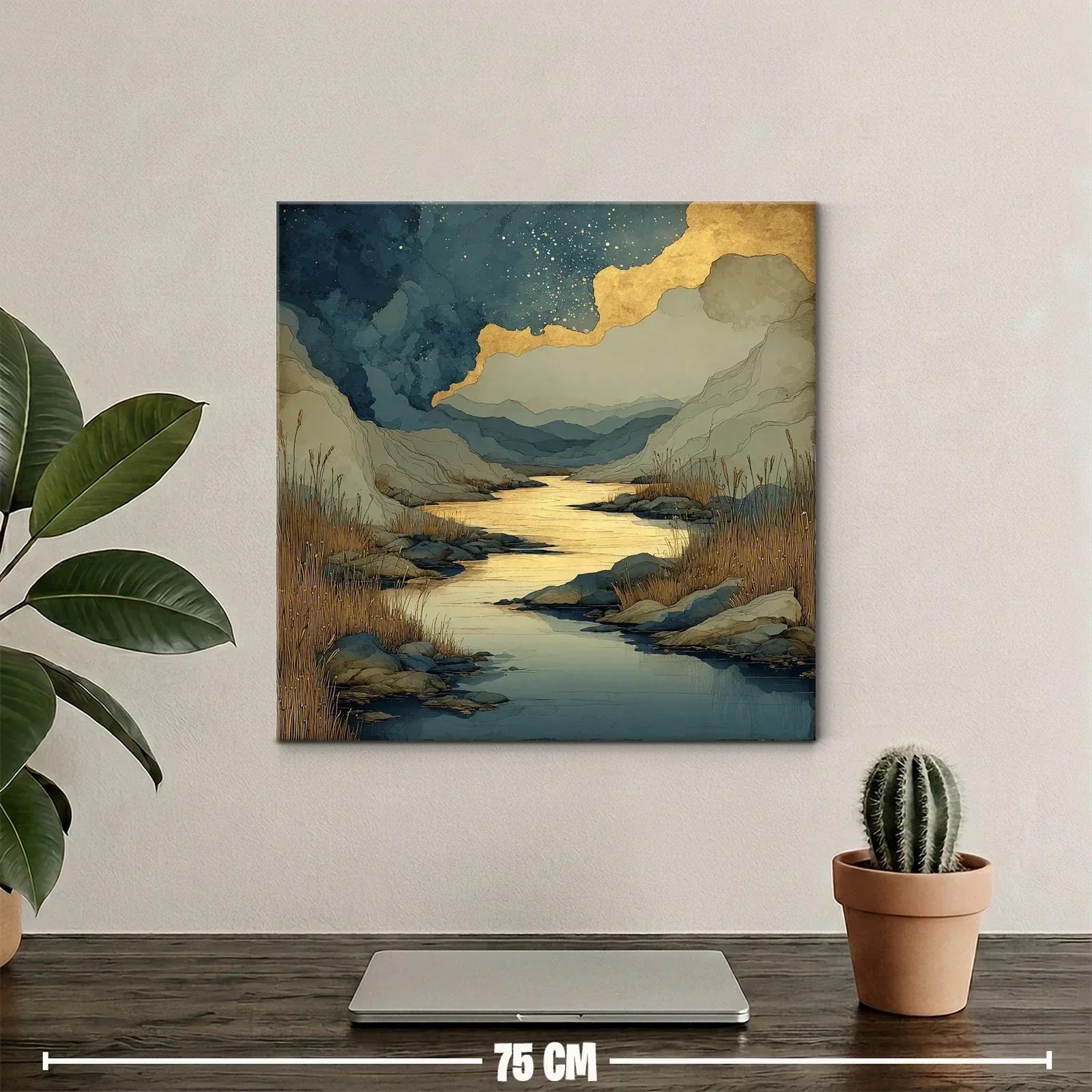 Paisaje sereno con río dorado y montañas azules — miniatura 2