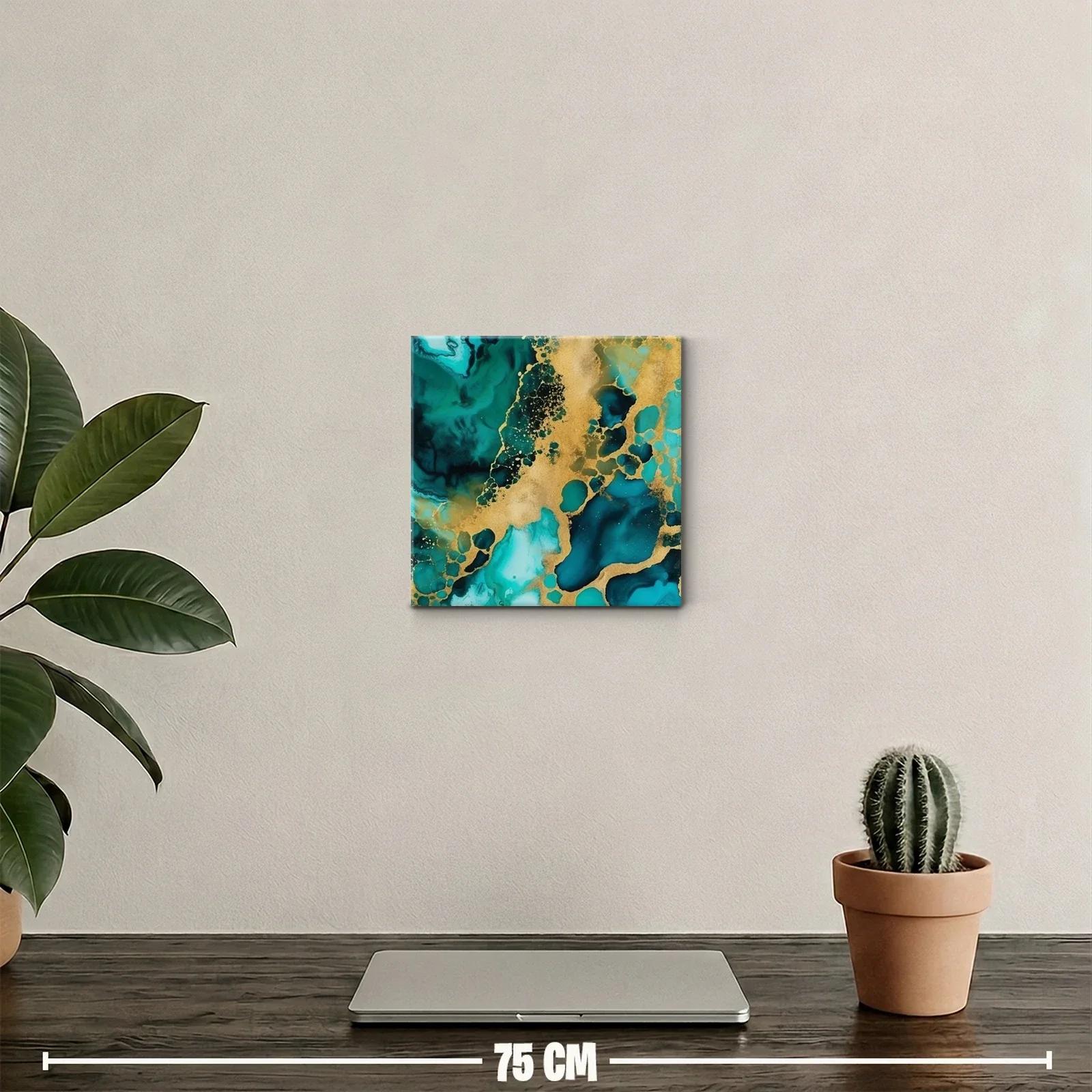 Cuadro decorativo con textura fluida en turquesa y dorado — miniatura 2