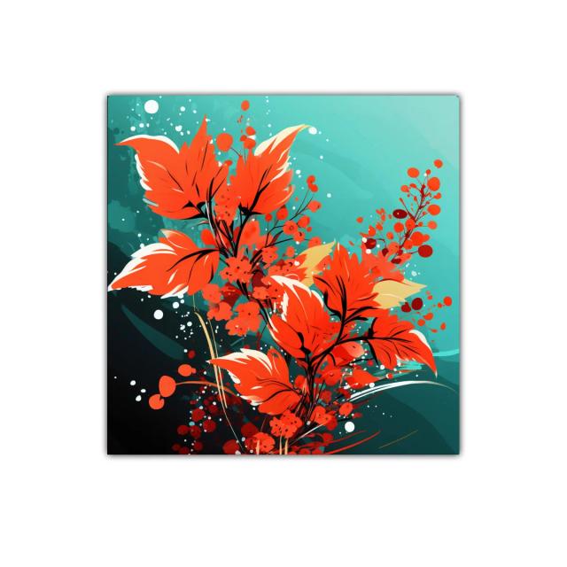Cuadro moderno con hojas y flores en tonos rojos vibrantes