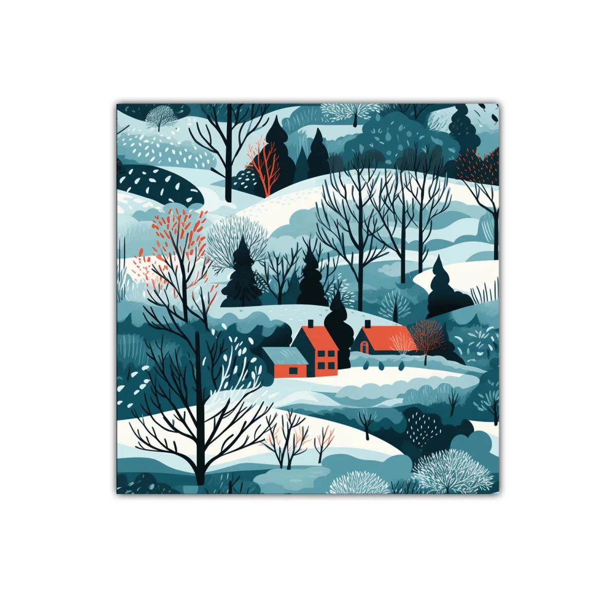 Paisaje invernal con casas y árboles desnudos en tonos fríos