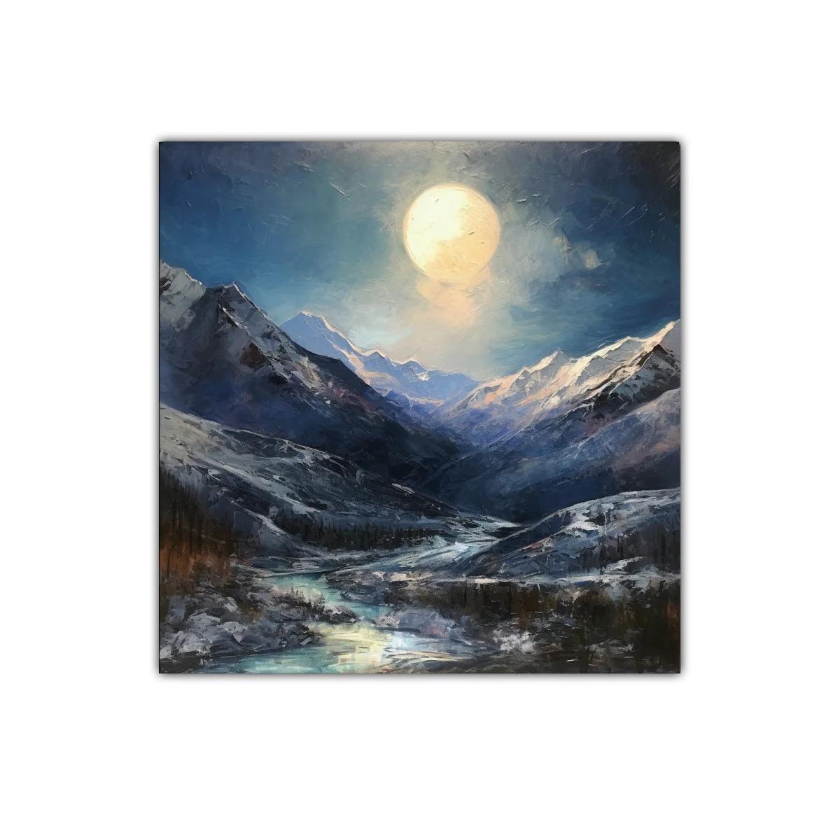 Paisaje nocturno con montañas nevadas y luna llena brillante — imagen principal
