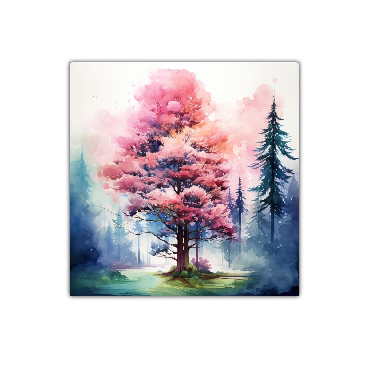 Árbol rosa en bosque mágico con tonos suaves y vibrantes