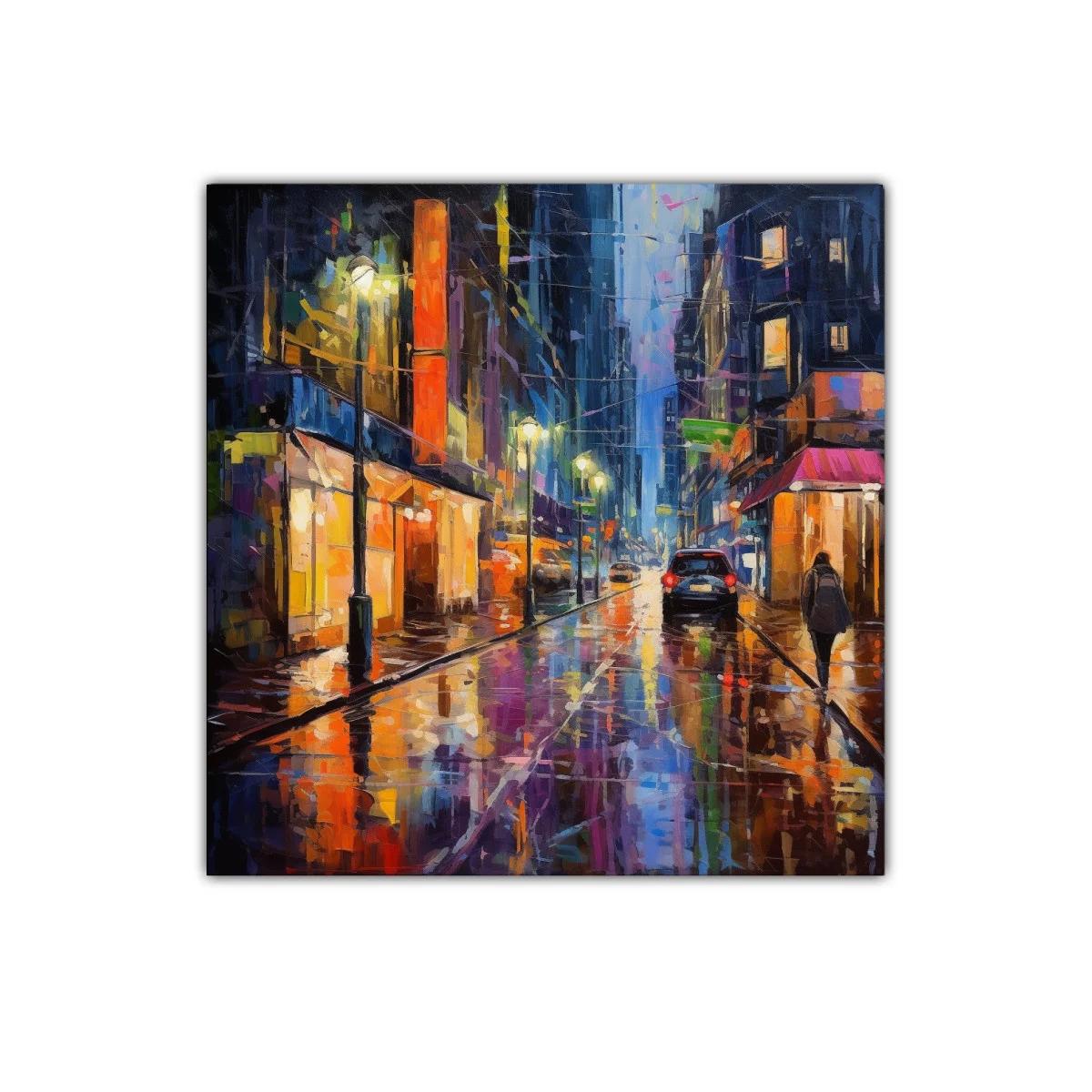 Calle Urbana Nocturna Reflejada en Lluvia Vibrante — imagen principal