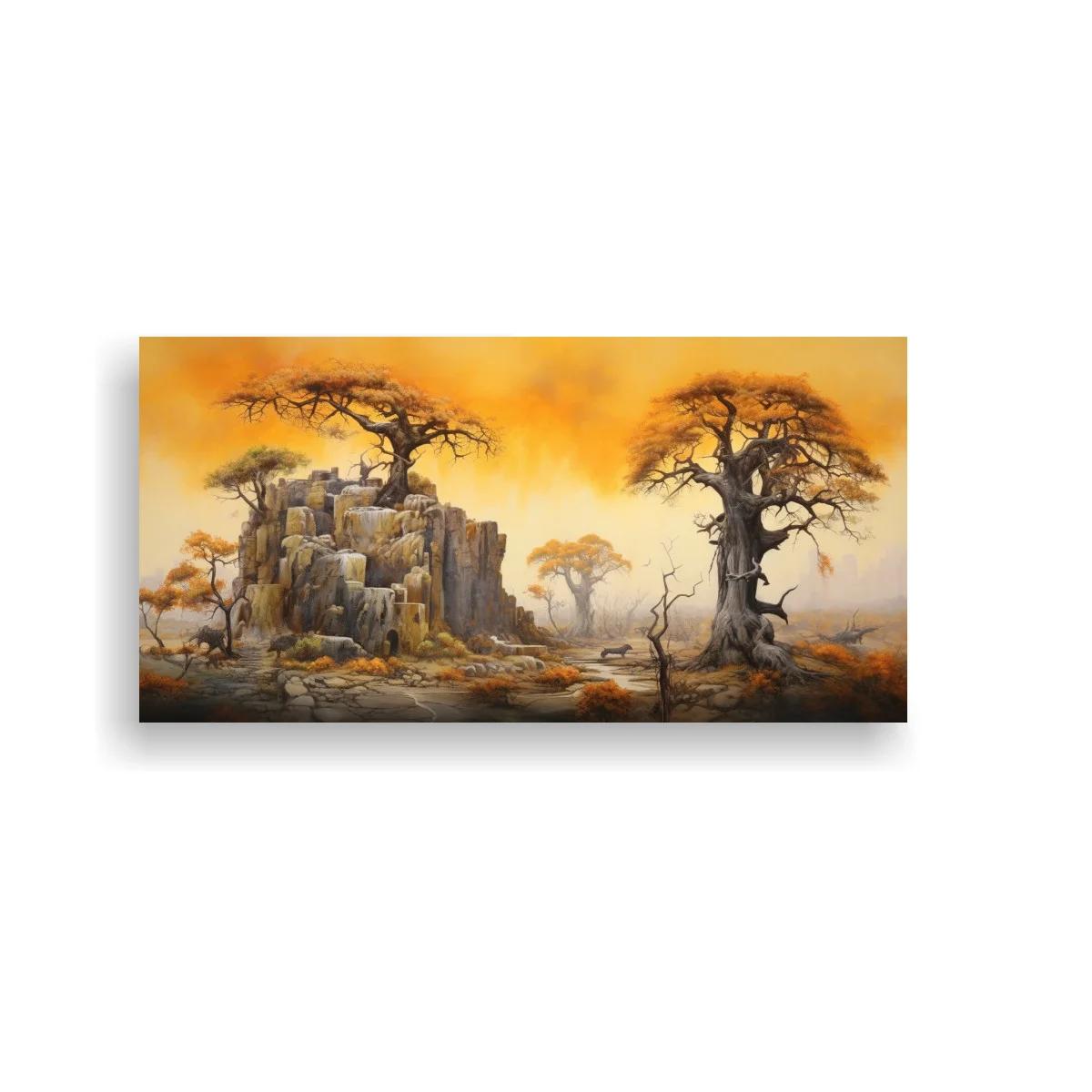 Cuadro baobab con peñasco y cielo anaranjado
