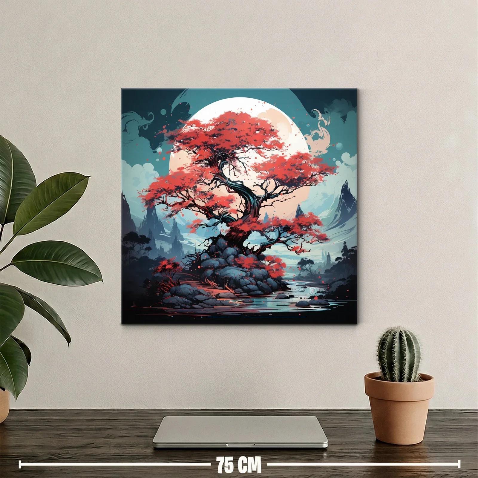Árbol rojo frente a luna gigante en paisaje místico — miniatura 2