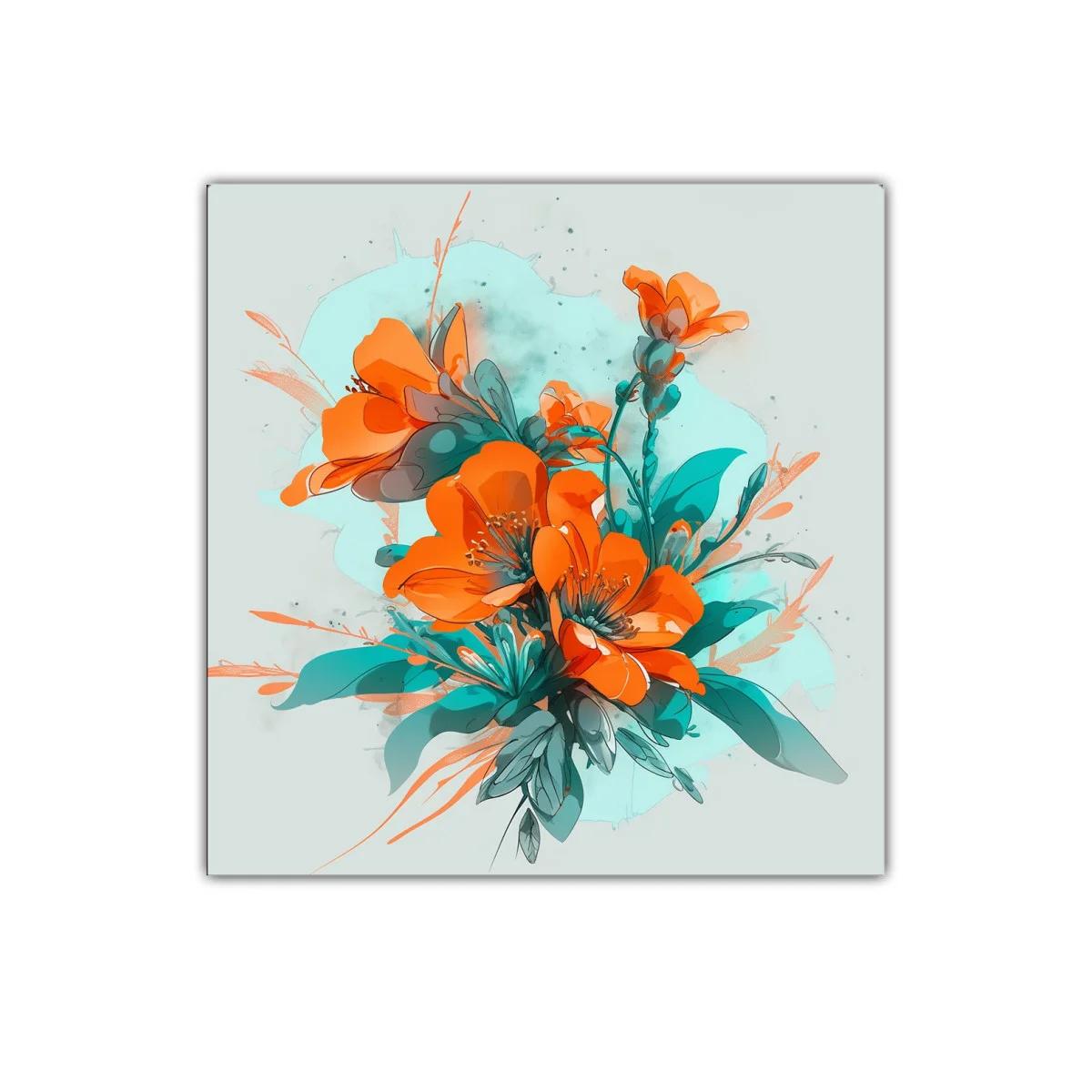 Cuadro floral con vibrante combinación de naranjas y turquesas — imagen principal