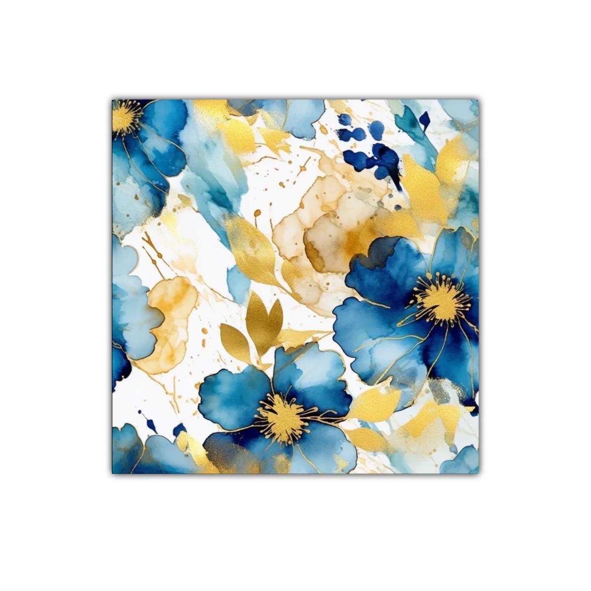 Cuadro decorativo con flores azules y detalles dorados — imagen principal