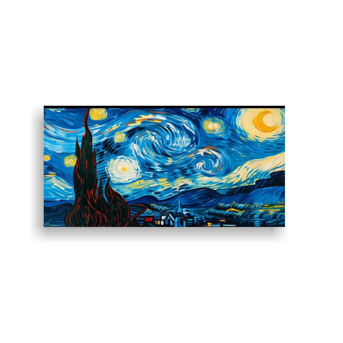 Cuadro noche estrellada con ciprés y pueblo — imagen principal