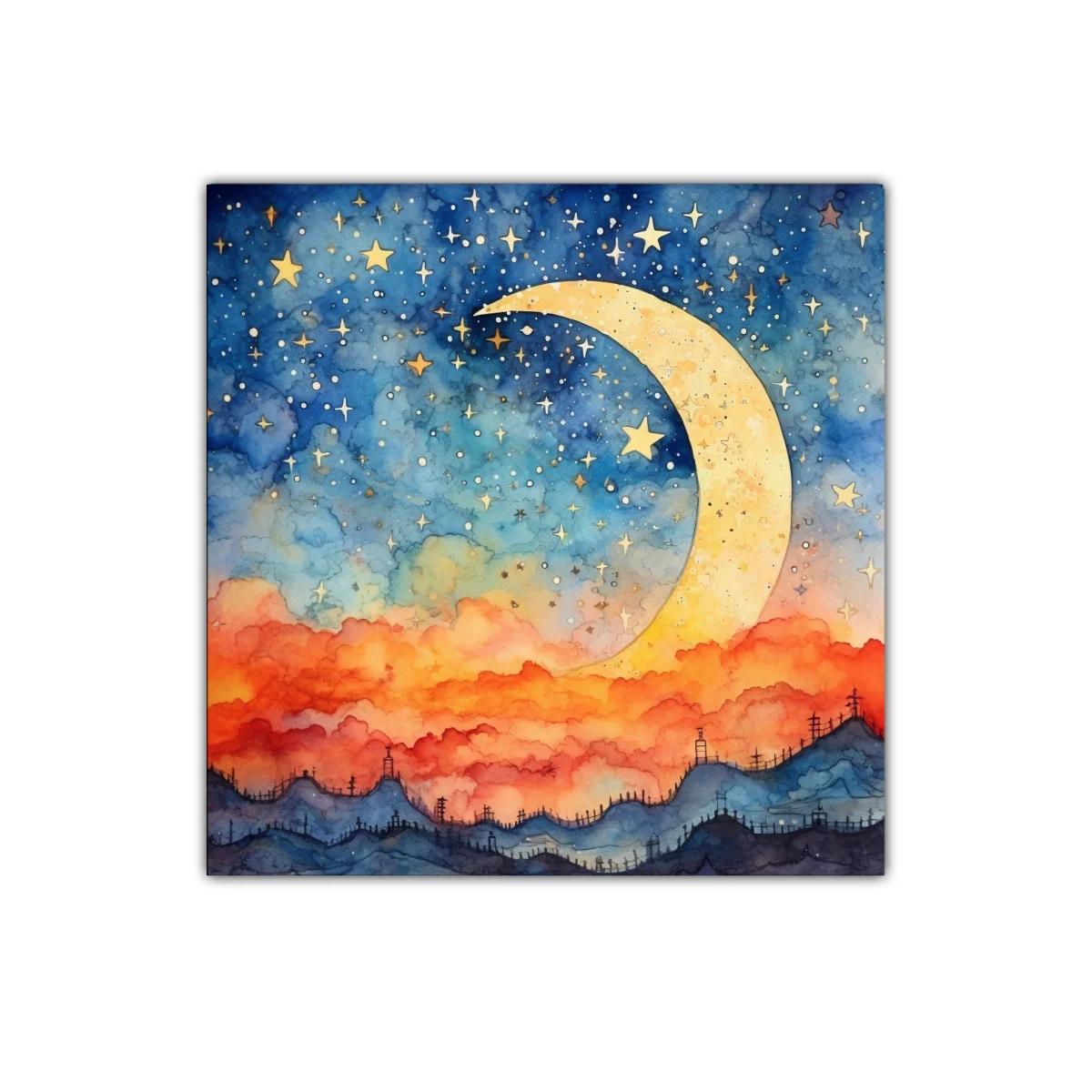 Puesta de sol mágica con luna y cielo estrellado — imagen principal