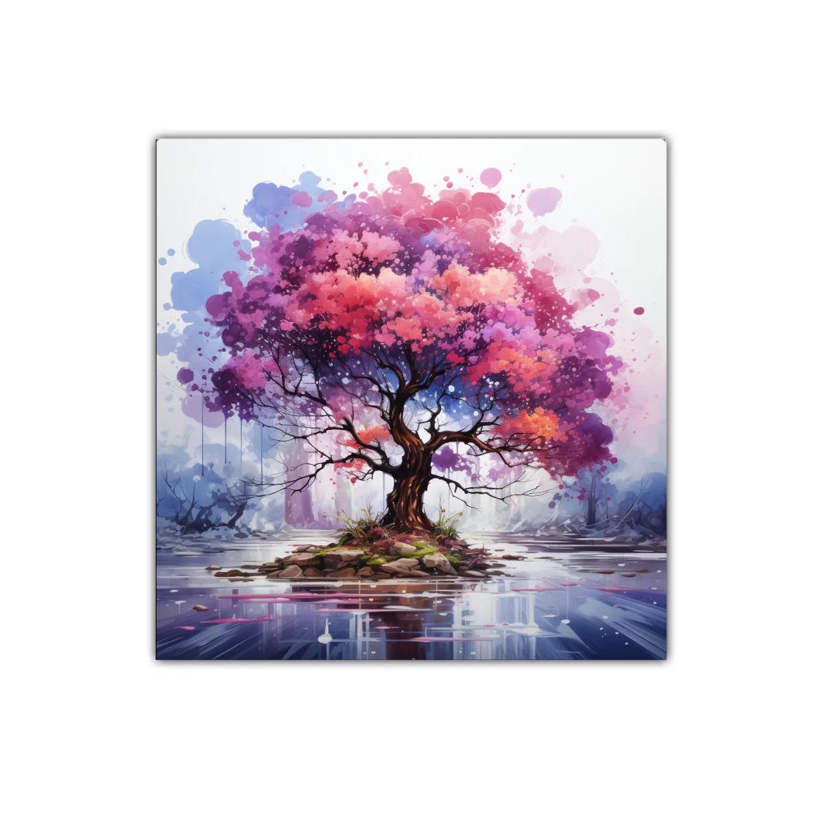 Árbol vibrante en isla rodeada de agua serena