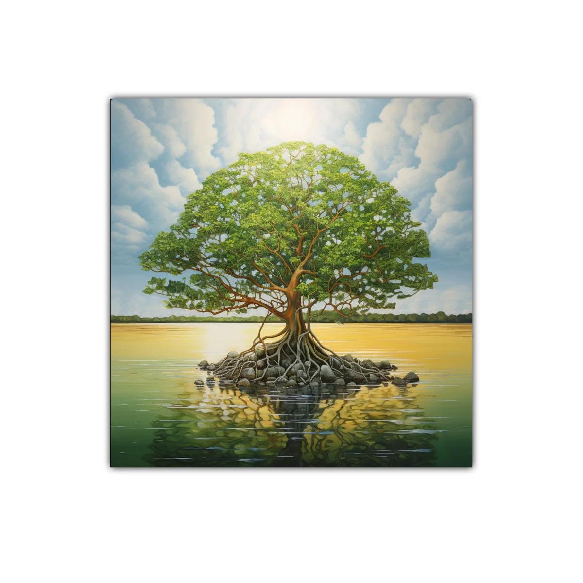 Árbol solitario sobre lago en tranquila puesta de sol — imagen principal