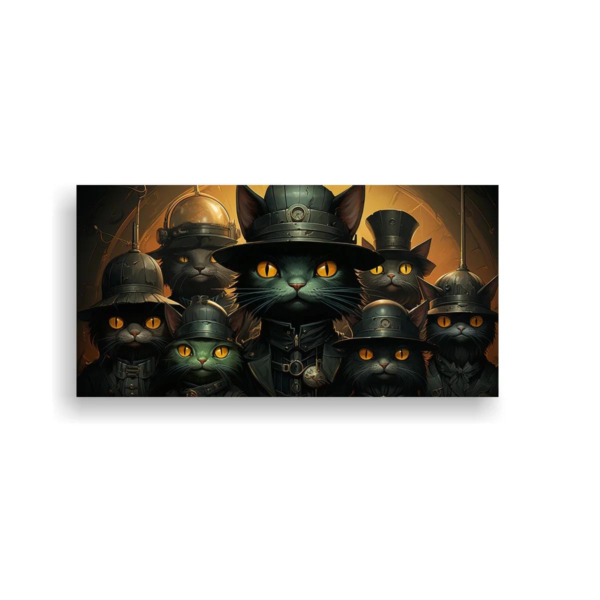 Cuadro grupo de gatos negros con sombreros de copa y cascos metálicos