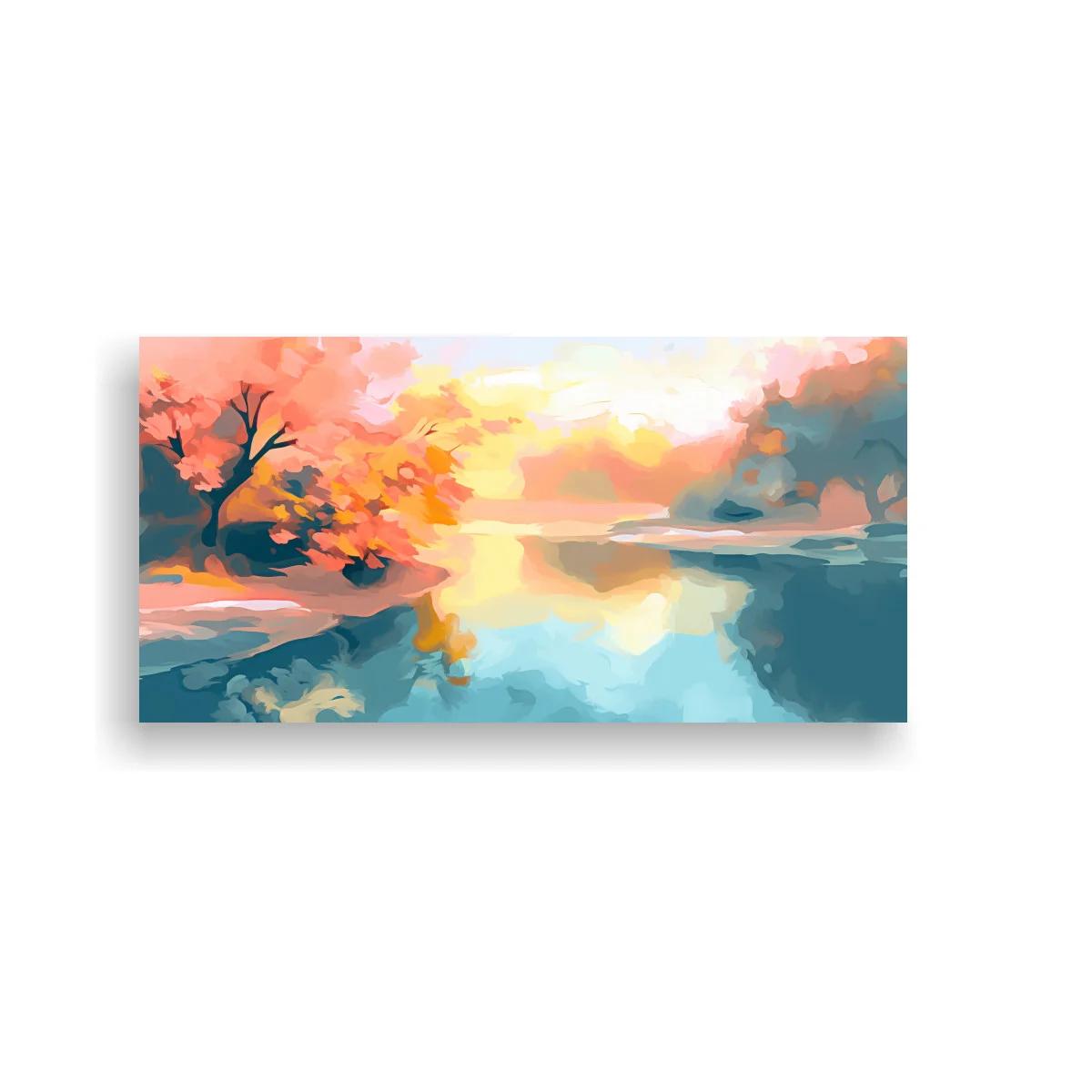 Cuadro paisaje de lago al atardecer con flores rosadas