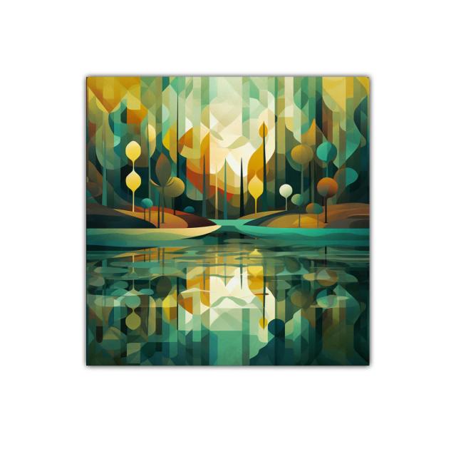 Paisaje abstracto con reflejos en tonos verdes y dorados