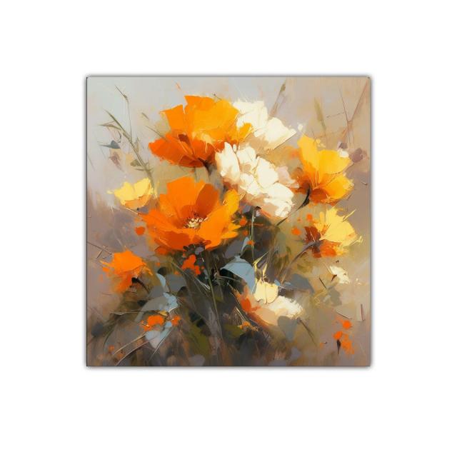 Cuadro decorativo con flores vibrantes en tonos naranjas y blancos