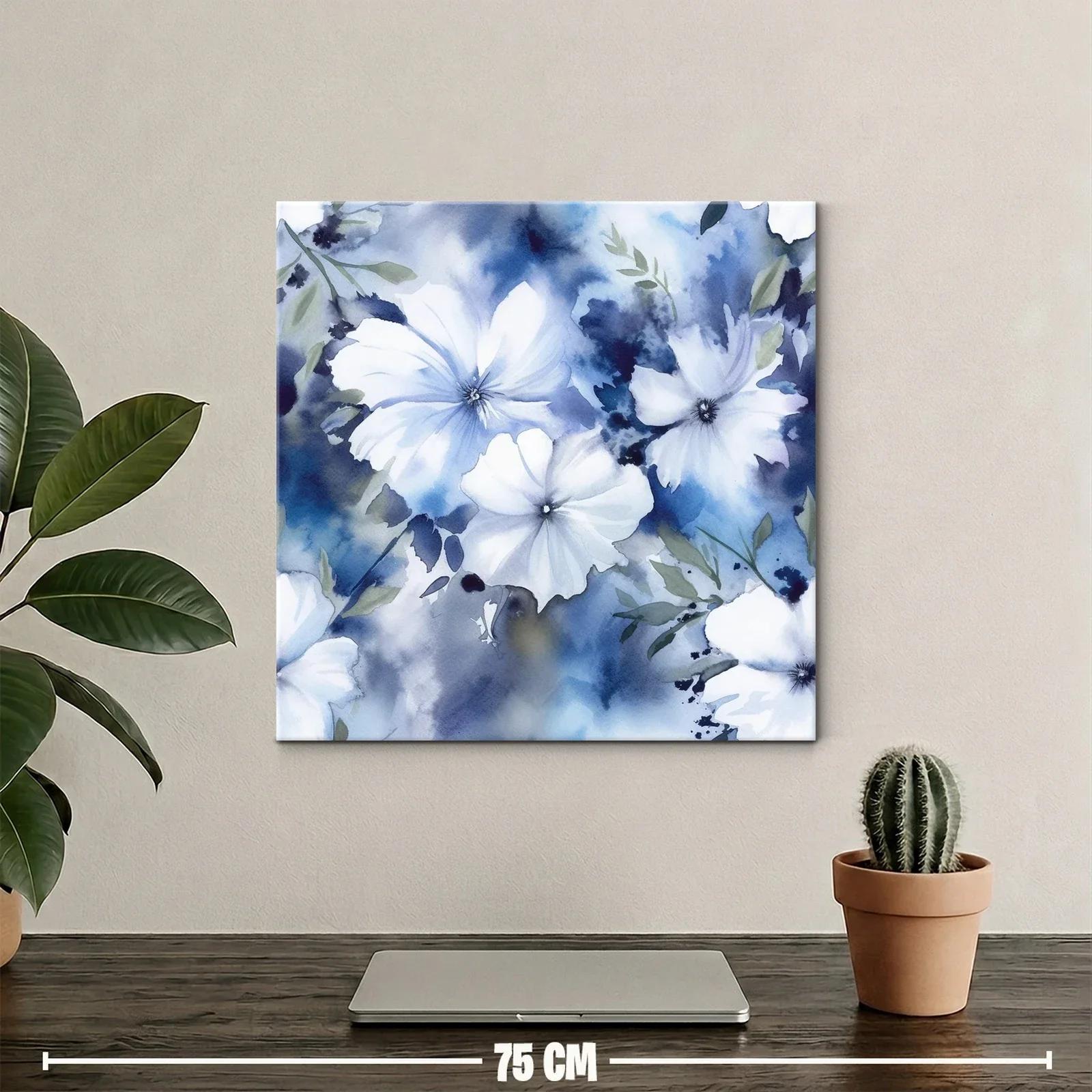 Flores blancas sobre fondo azul en acuarela delicada — miniatura 2