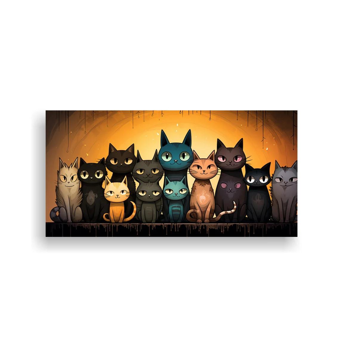 Cuadro grupo de gatos en fila con fondo cálido oscuro