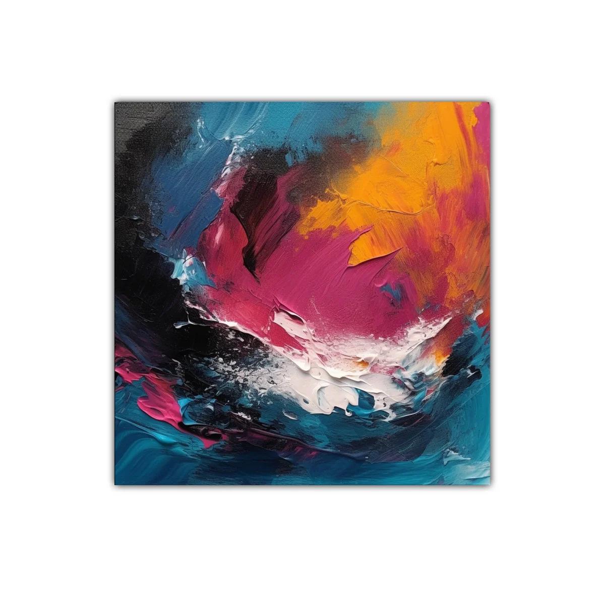 Cuadro abstracto con vibrantes tonos fucsia naranja y azul