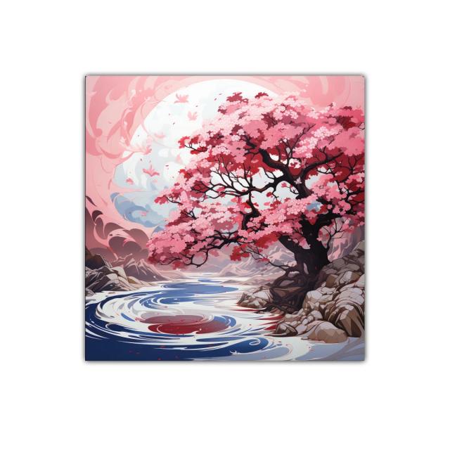 Impresionante árbol de flores rojas junto a río sereno