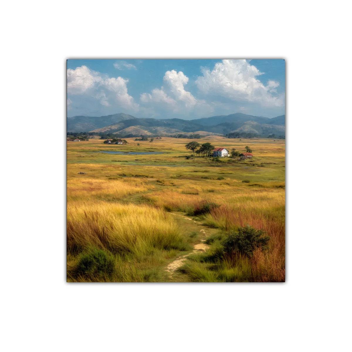 Paisaje campestre con praderas y cielos azules