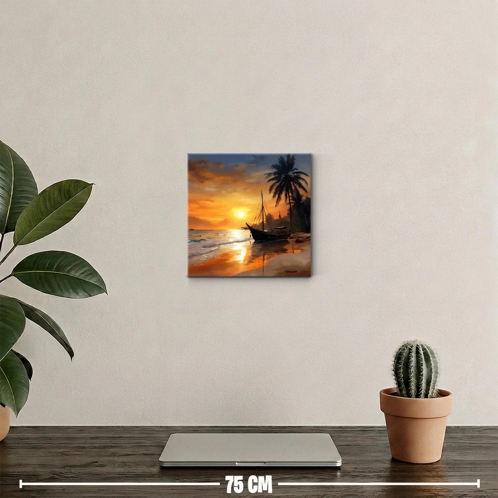 Atardecer en la playa con barco y palmeras — miniatura 2
