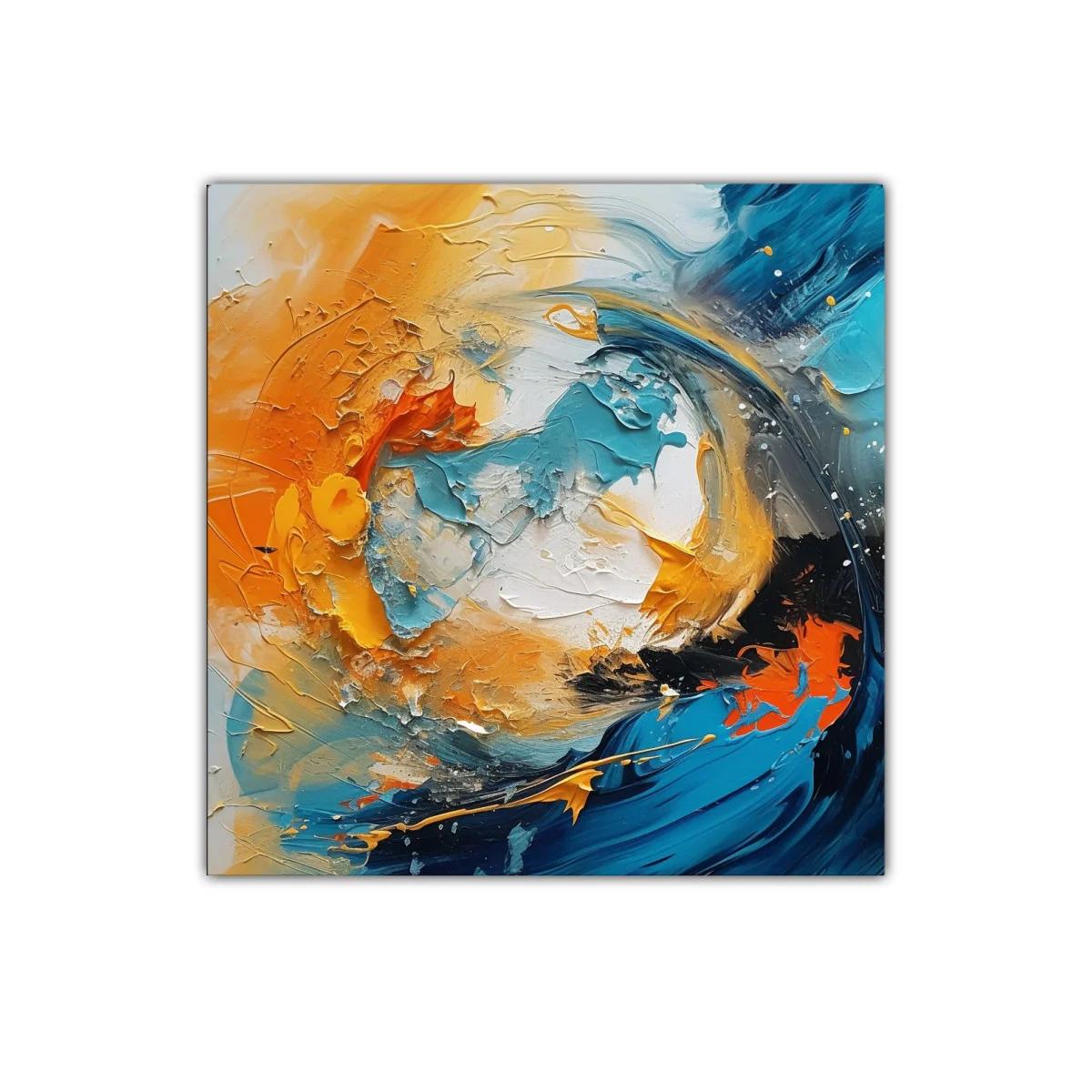 Cuadro abstracto en tonos turquesa y naranja vibrante