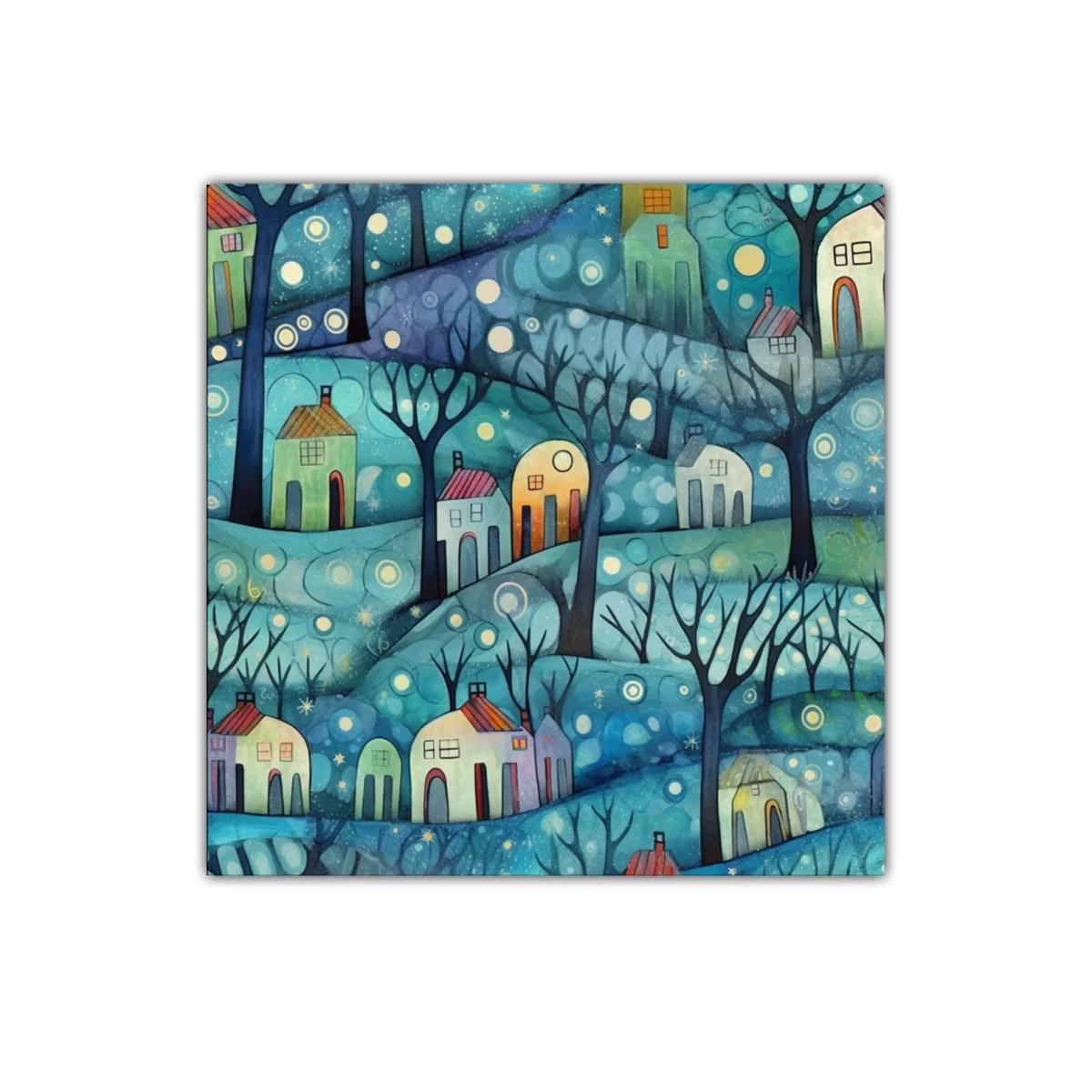 Paisaje nocturno encantado con casas iluminadas y naturaleza — imagen principal