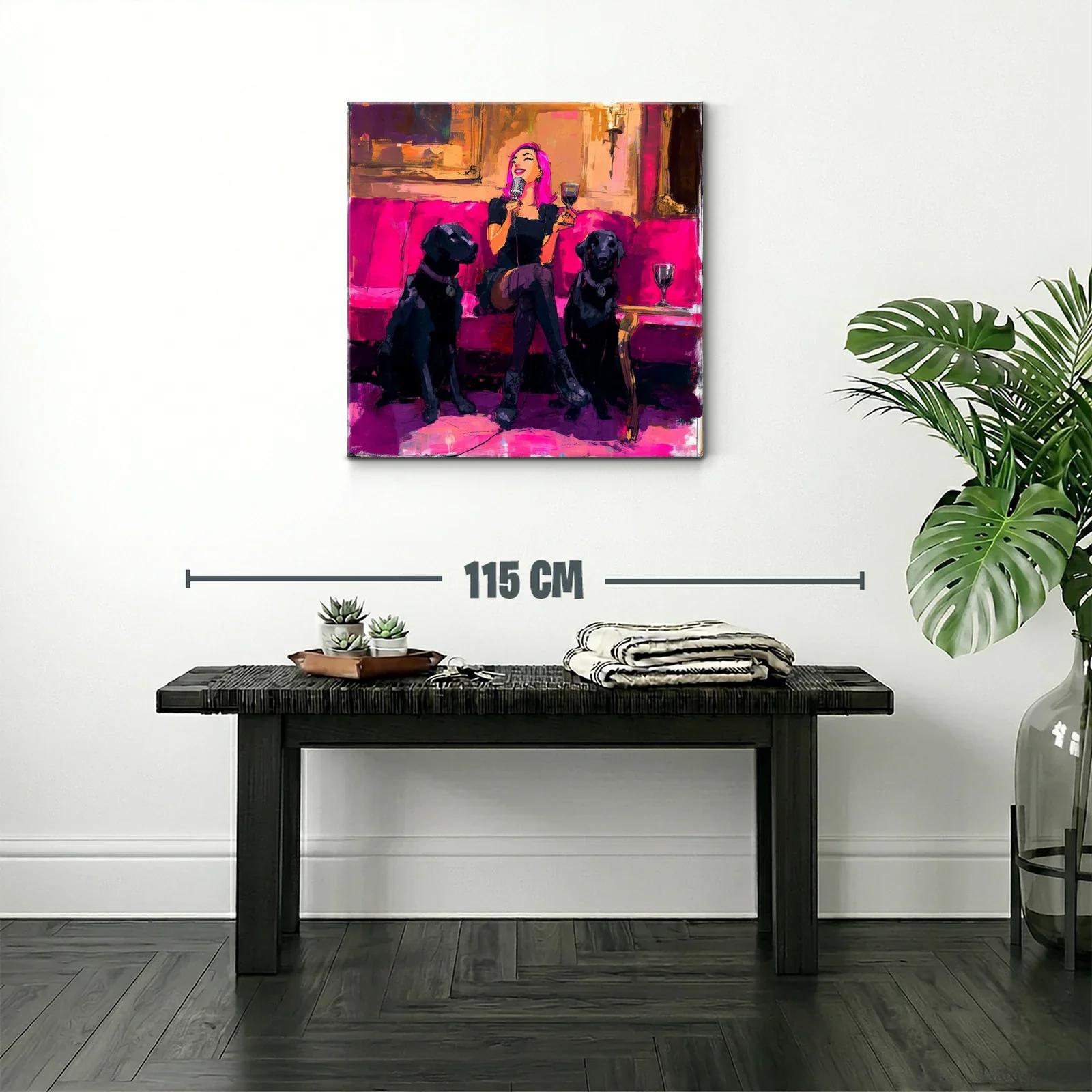 Divertida escena nocturna con mujer y perros en tonos fucsia — miniatura 2