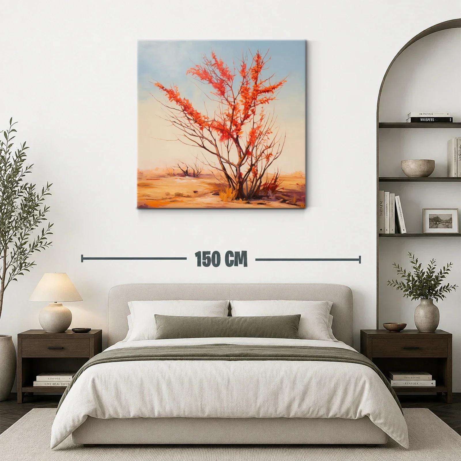 Árbol otoñal con hojas rojas sobre paisaje cálido — miniatura 3