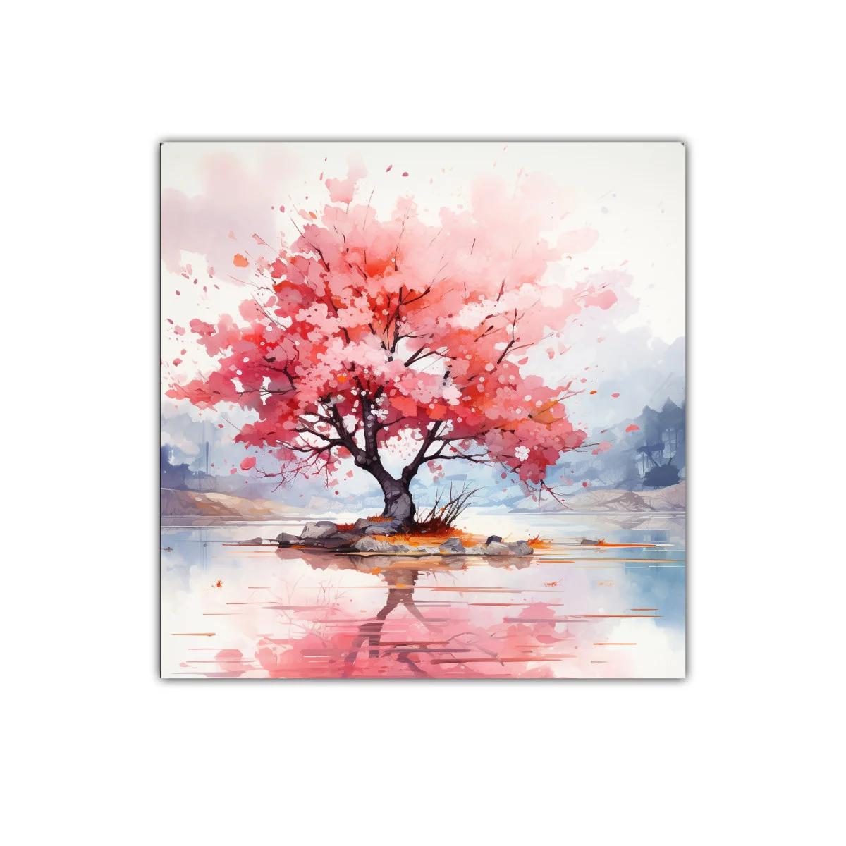 Árbol en flor rosa con reflejo en agua tranquila — imagen principal