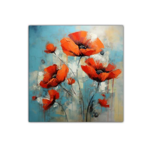 Cuadro decorativo flores rojas vibrantes con fondo azul