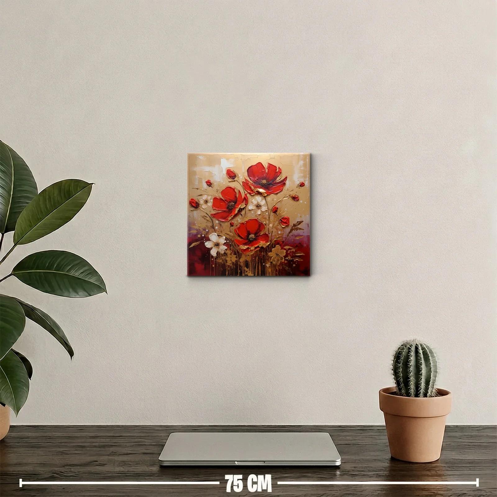 Cuadro decorativo con flores rojas y tonos dorados vivos — miniatura 2