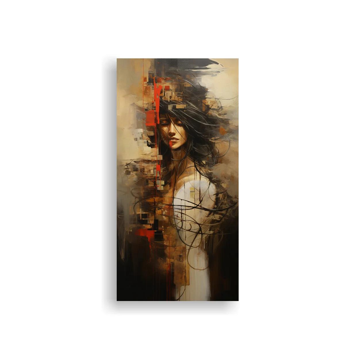 Cuadro retrato de mujer de cabello negro con trazo abstracto — imagen principal