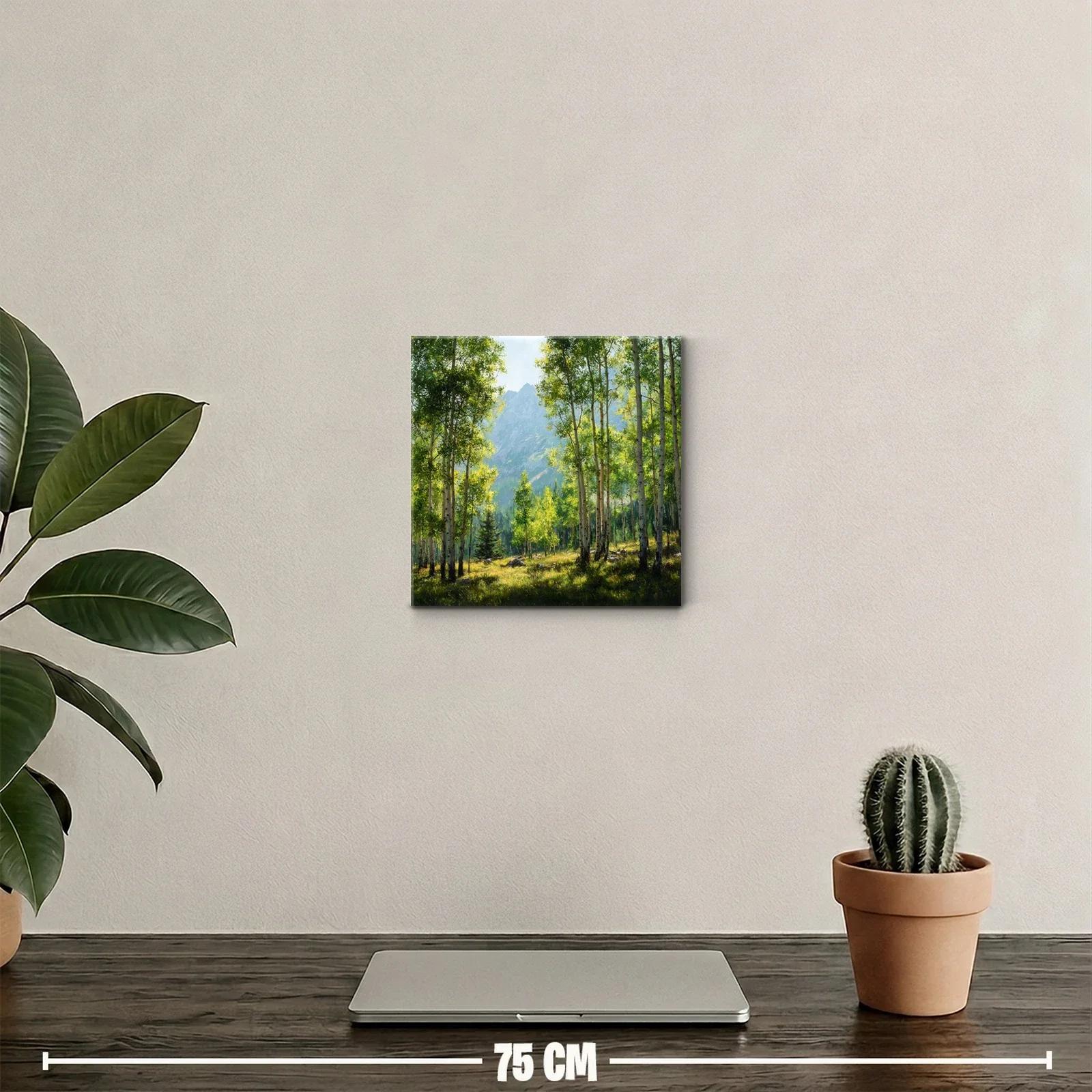Bosque iluminado con montañas al fondo en tonos verdes y azules — miniatura 2