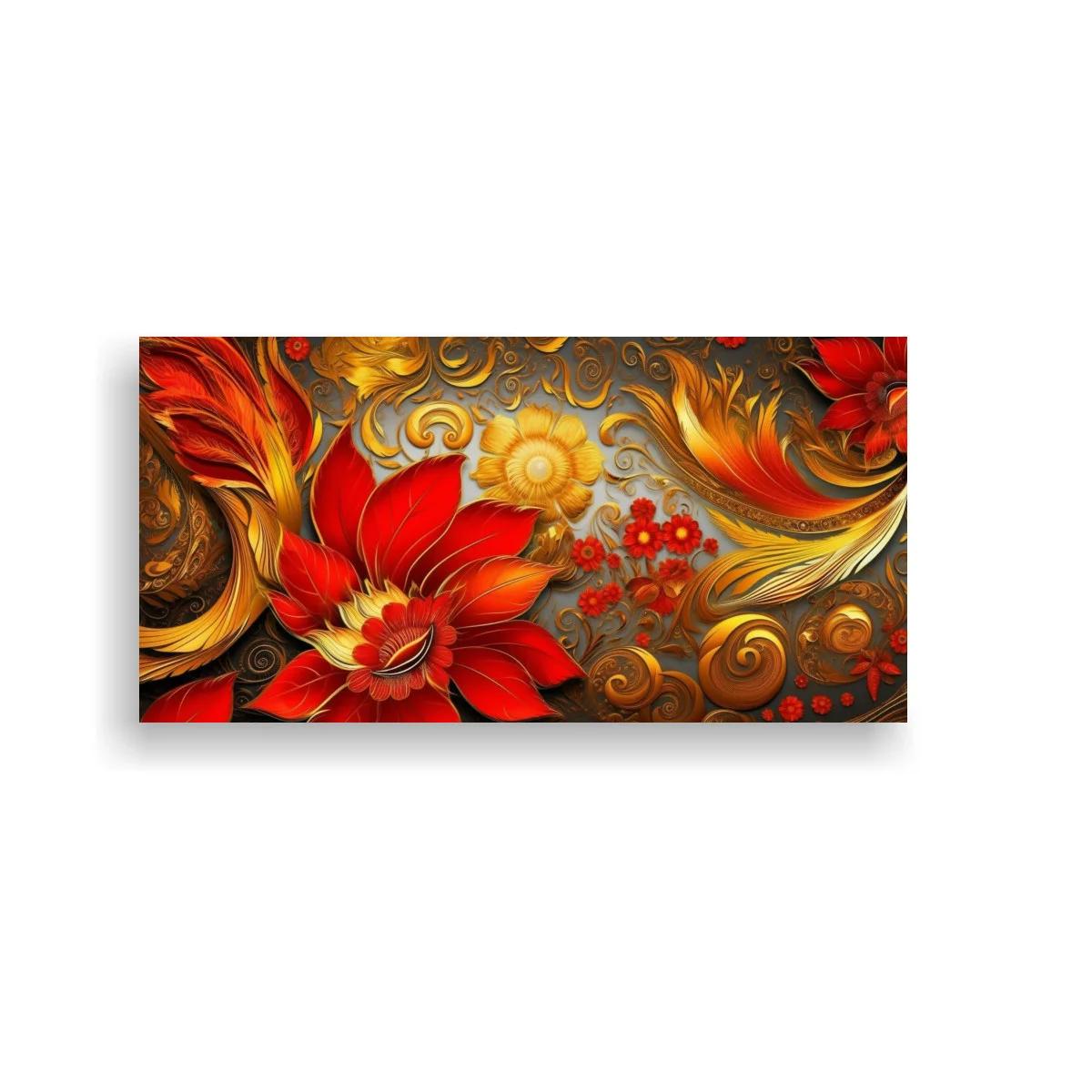 Cuadro flor roja tipo dalia con detalles dorados — imagen principal