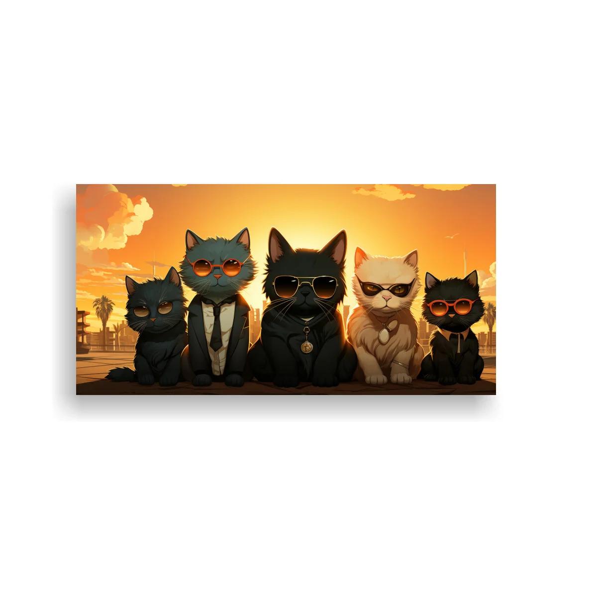 Cuadro grupo de gatos con gafas de sol y atardecer brillante