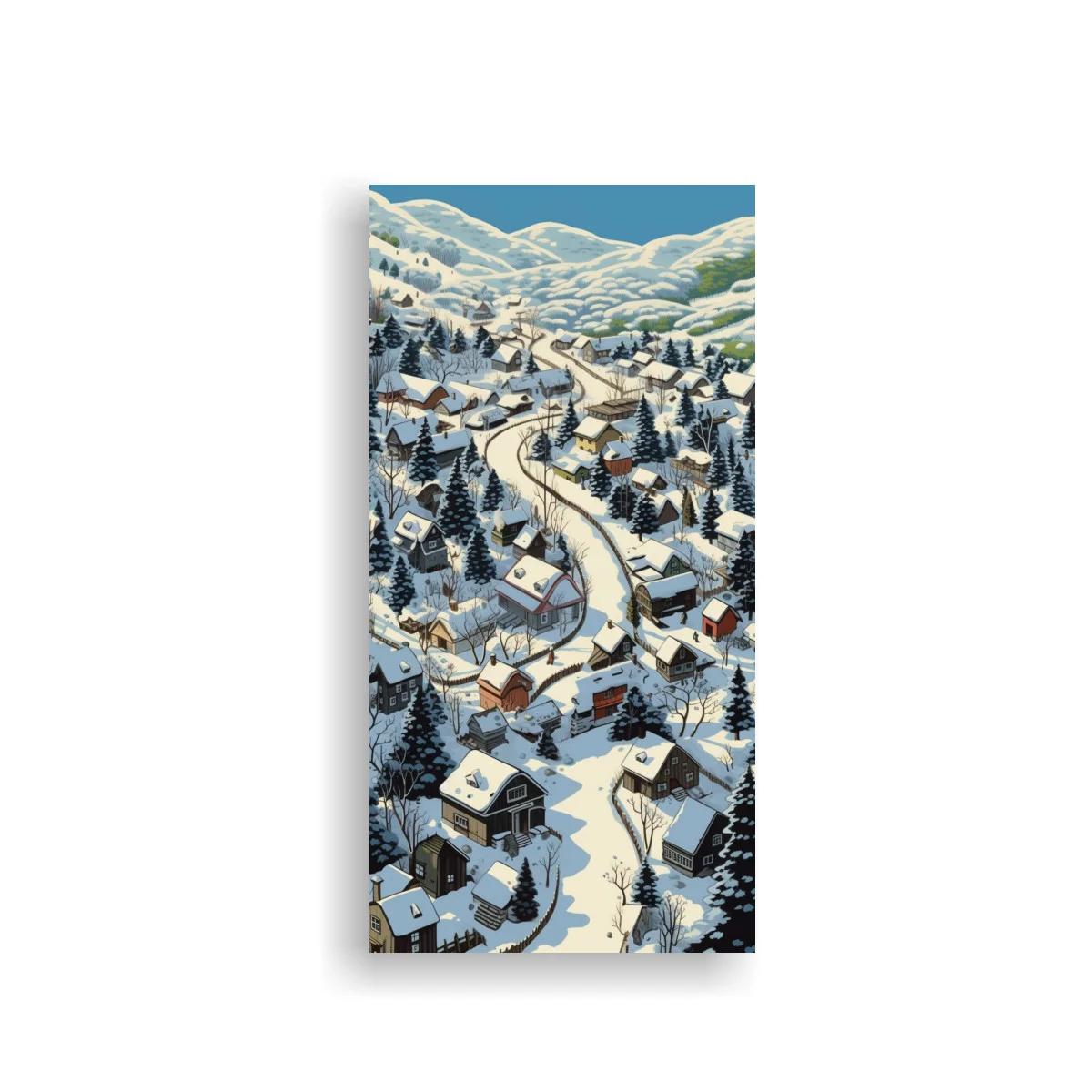 Cuadro pueblo nevado con camino sinuoso